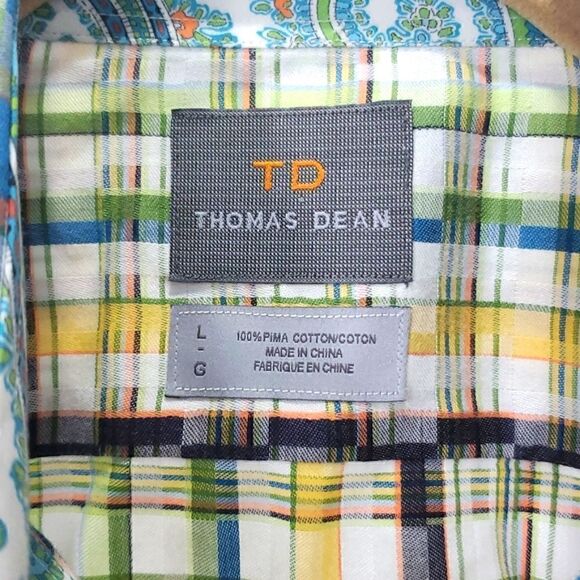 Thomas Dean Size L Button Down Cotton Checked Shirt, with Paisley Trim - Picture 2 of 6